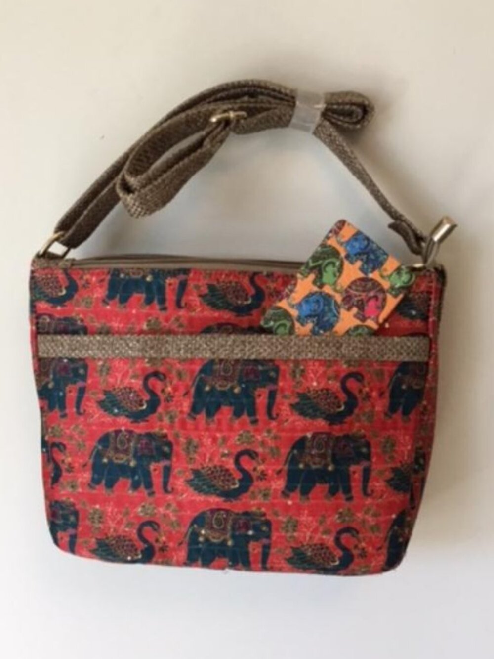 Traditional Elephant and Swan Print Crossbody Bag, Red Textile Body with Mirror